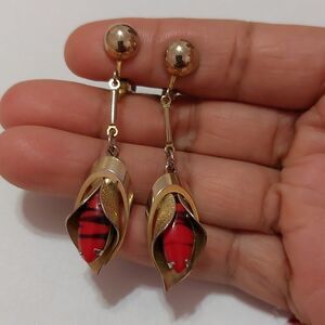 Vintage Dangle Drop Flower Bud and Stud Gold Tone Clip On Earrings